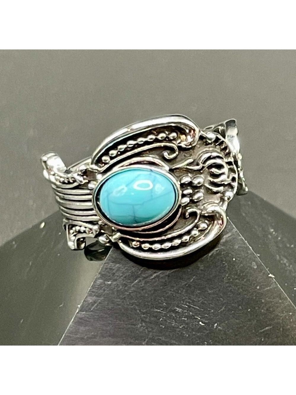 Boho Rose and Flowers with Faux Turquoise Adjustable Spoon Ring #1221 - Picture 7 of 16